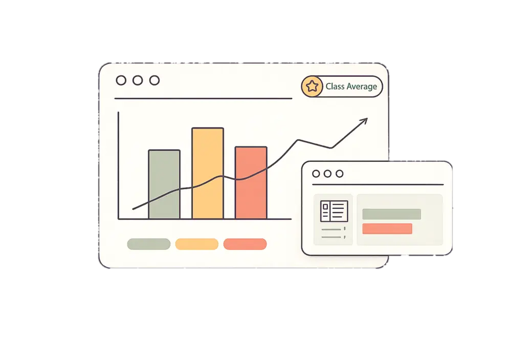 Illustrated class analytics panel with bar and line charts, a class-average badge, and a per-student report card.