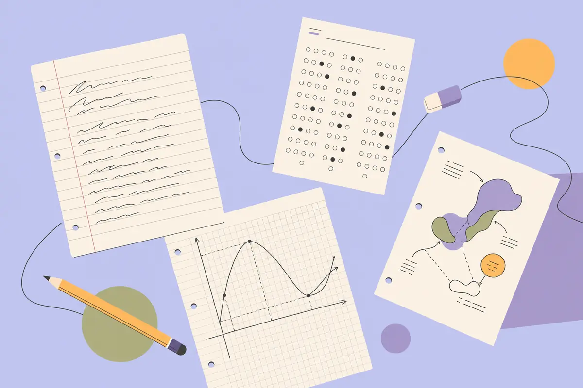 Flat-lay illustration of Indian exam artifacts: a ruled long-answer booklet, an MCQ bubble grid, graph-paper maths working, and a labelled diagram page.
