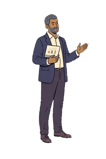 Illustrated institute director in a navy blazer holding a tablet with analytics.