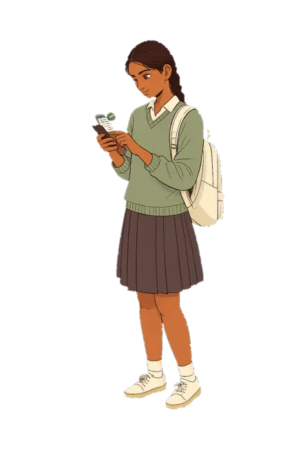 Illustrated student in a sage school sweater reading her results on her phone.