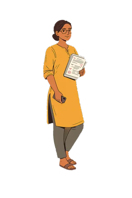 Illustrated teacher in a mustard kurta holding annotated papers and a phone.