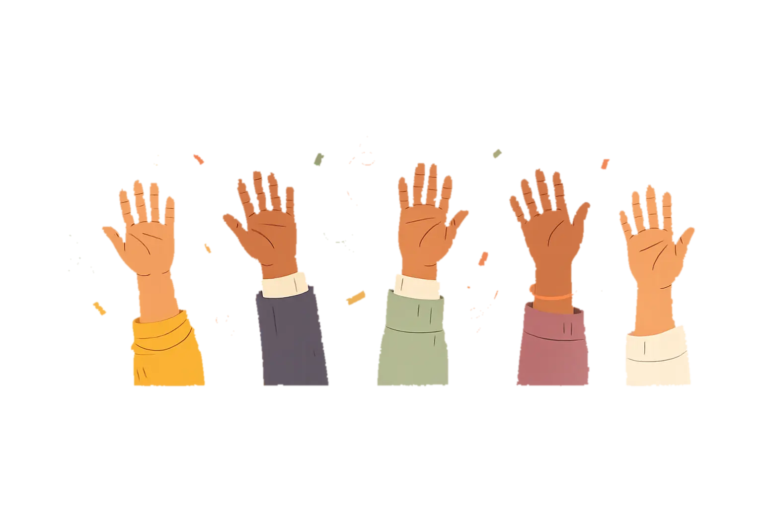 A row of illustrated raised hands in different sleeves.