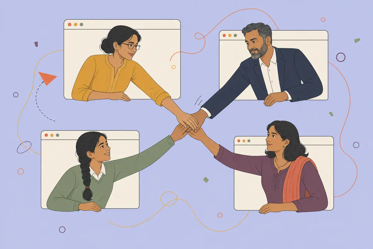 Illustrated teacher, director, student and parent reaching out of browser windows to join hands.
