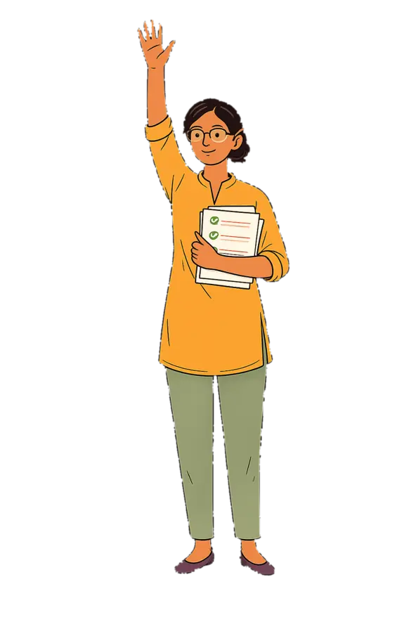 Illustrated teacher in a mustard kurta raising her hand high, holding annotated answer sheets.